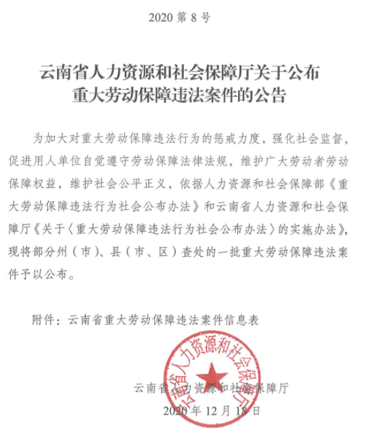 云南省人力资源和社会保障厅公布一批重大违法案件