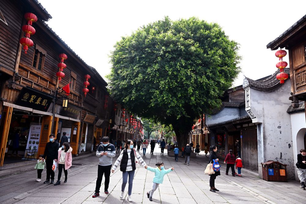 2021年3月14日，游客行走在绿树掩映的福州三坊七巷文化街区宫巷内。 新华社记者 姜克红 摄