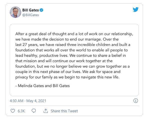 比尔·盖茨与梅琳达宣布离婚