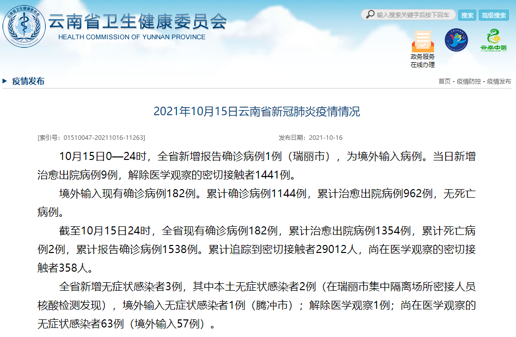 10月15日，云南新增境外输入确诊病例1例、新增无症状感染者3例