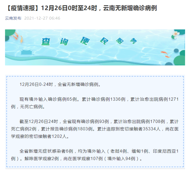 12月26日，云南无新增确诊病例