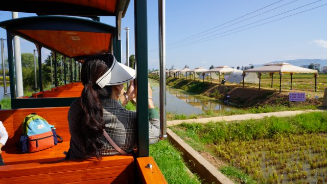 游客乘坐“星云号”观光小火车时不停拍照（9月27日，李丹摄）.JPG